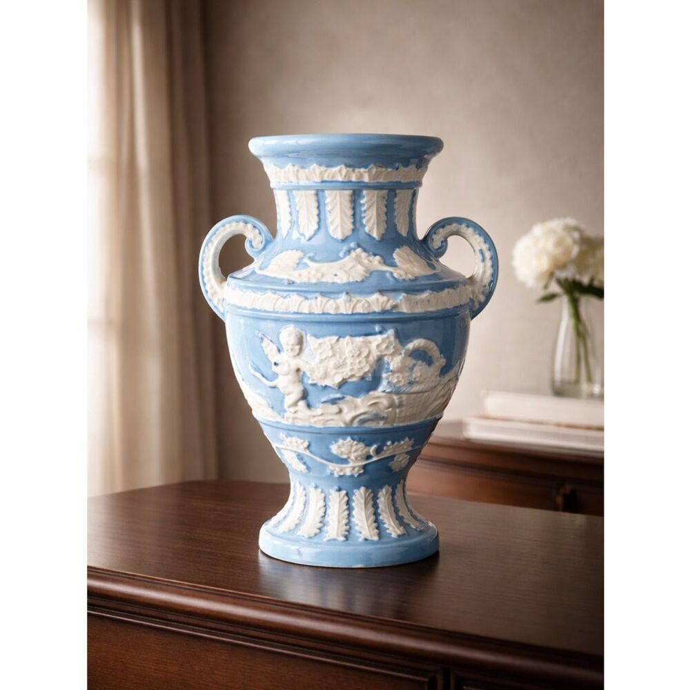 Vintage - Japan Blue Vase with White Cherub Angels - Wedgewood Style Handles